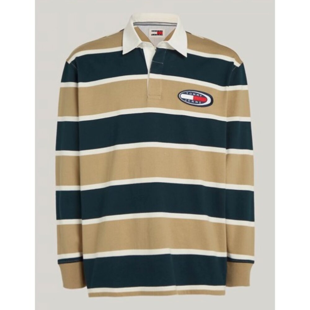 Tommy Jeans Men's Tan and Navy Striped Long-Sleeve Rugby Polo XXXL